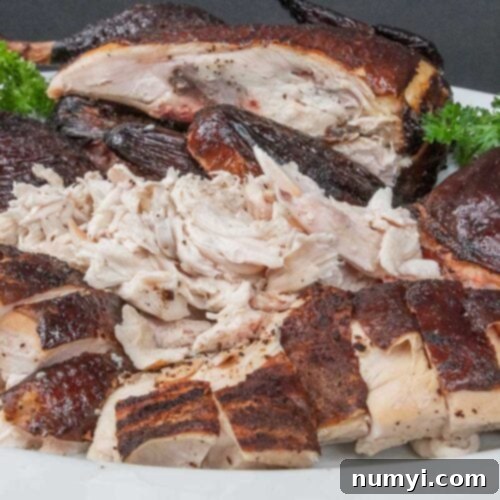 Smoked chicken cut up on a white platter garnished with whole parsley, a perfect presentation.