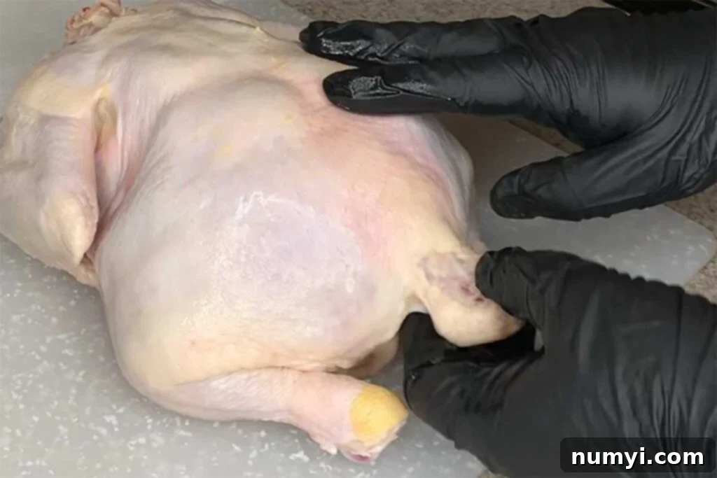 Close-up showing the Parson's Nose on an uncooked whole chicken, indicating where to start cutting.