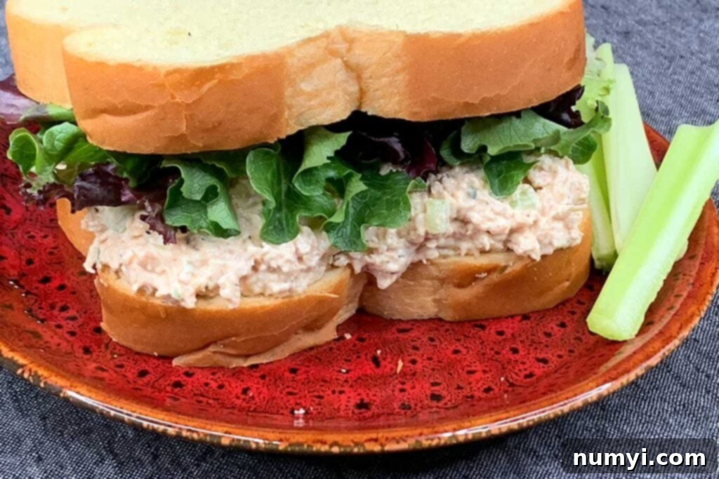 Signature Smoked Chicken Salad 7 Smoked chicken salad sandwich on a red plate.