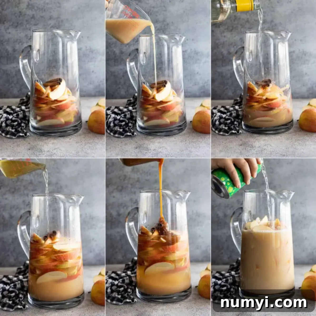 Six pictures showing how to make the sangria.