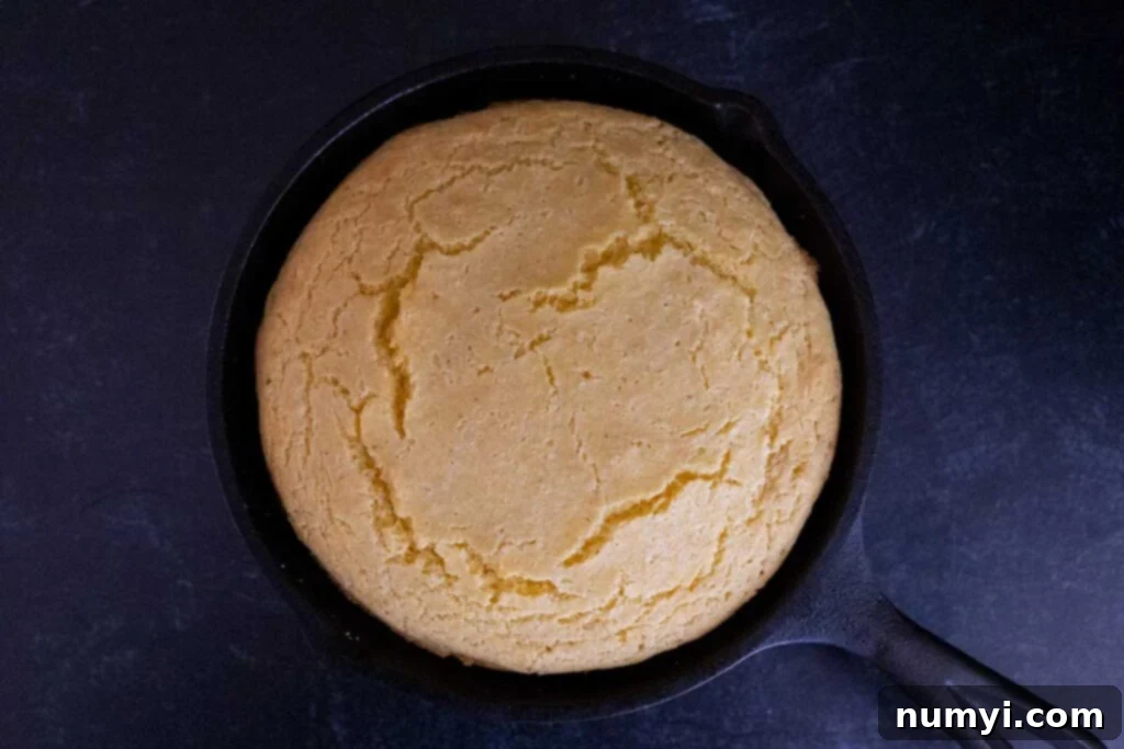 Buttermilk cornbread in a cast iron skillet.