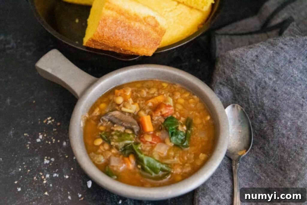 Lentil soup with cornbread.