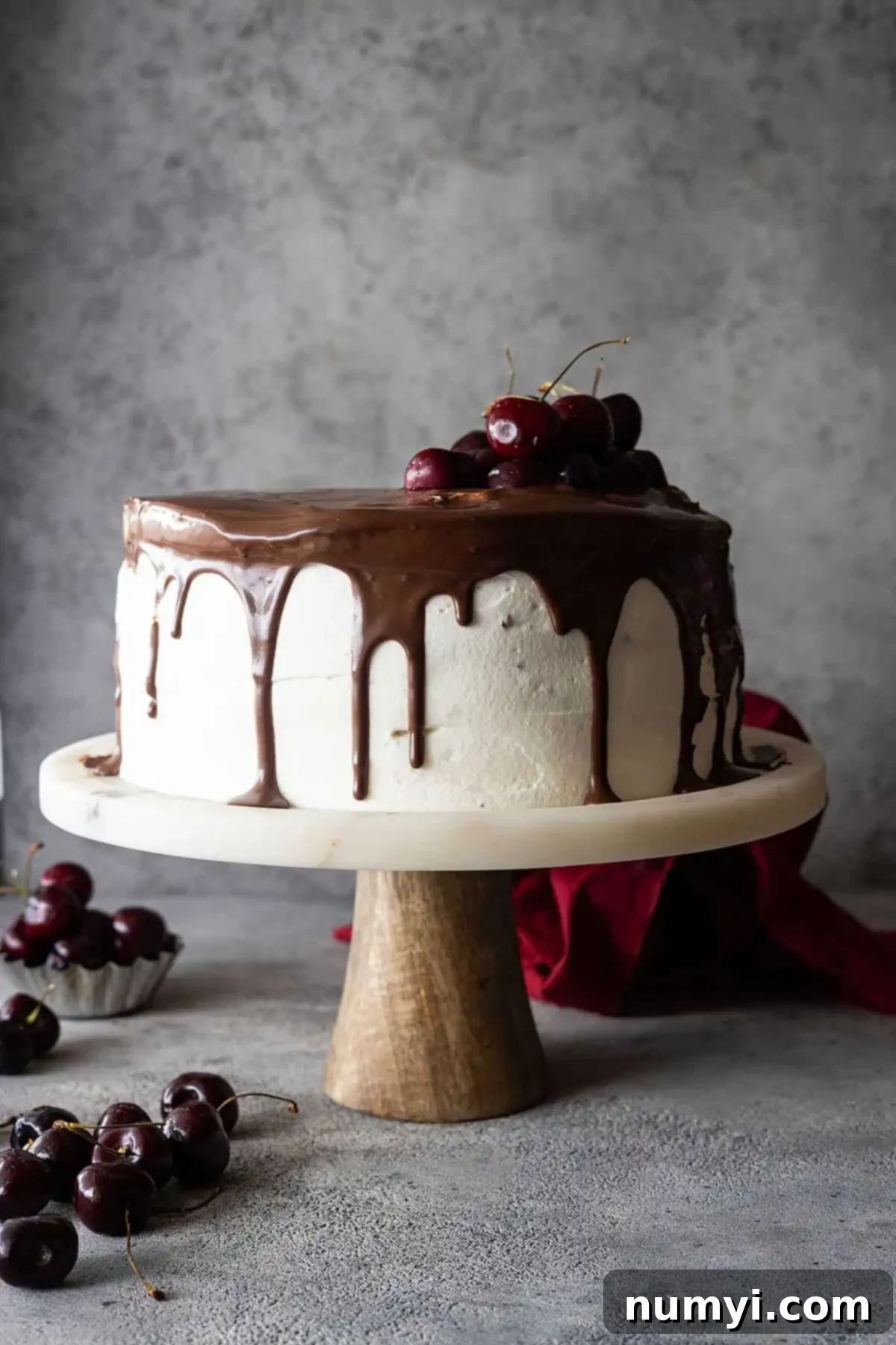 Black forest cake on a stand topped with ganache and fresh cherries.