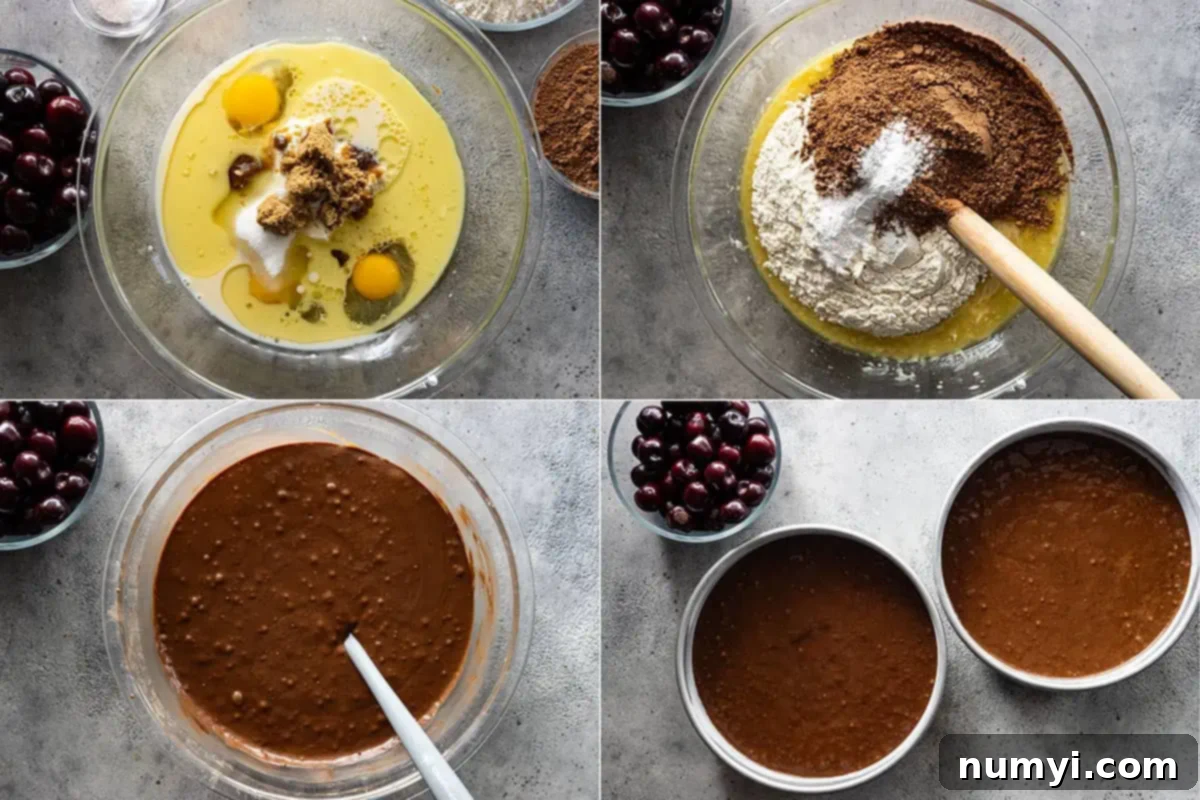 Four pictures showing how to make the chocolate cake.
