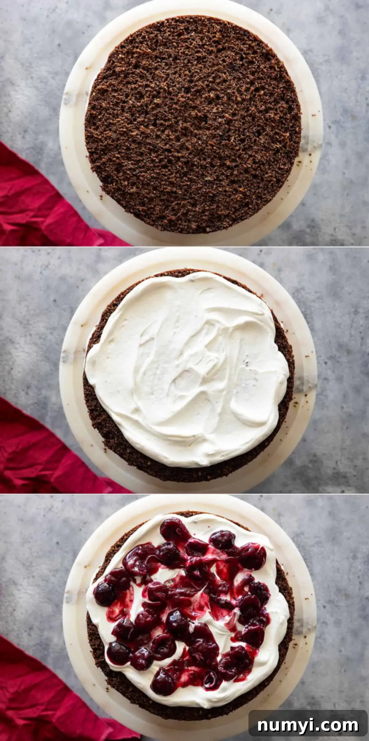 Overhead view of assembling the layers of the cake. 