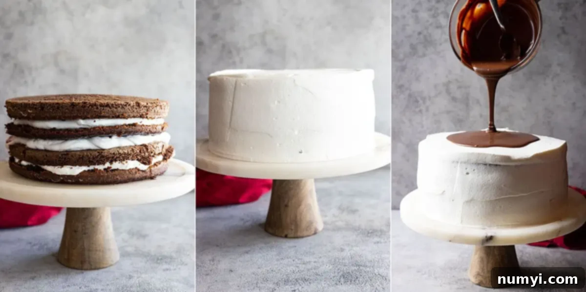 Three pictures showing how to finish decorating the cake. 
