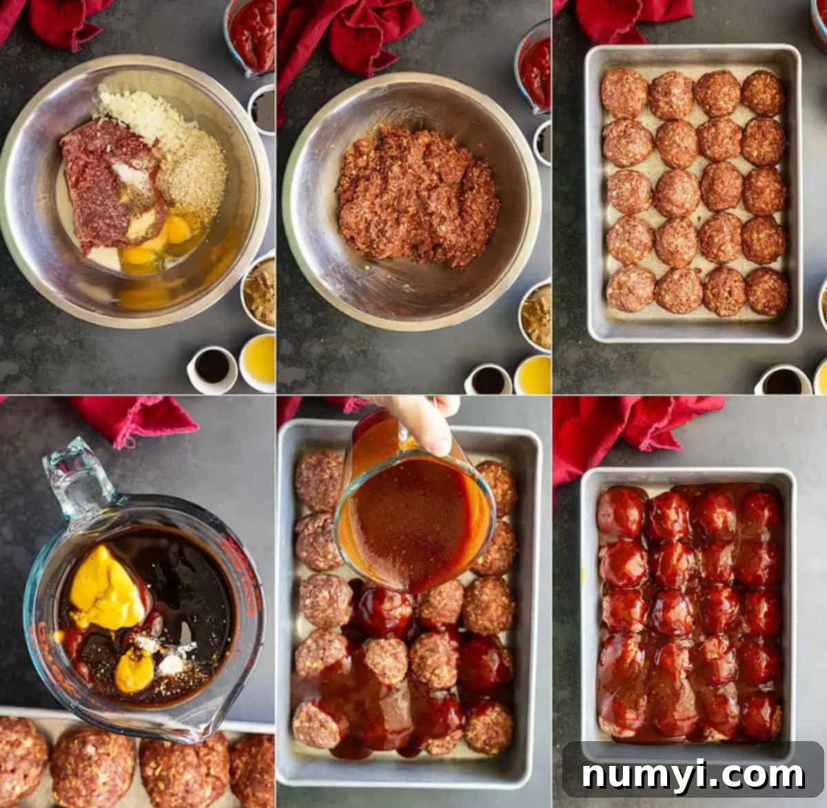 Simple BBQ Meatball Bliss 4 Step-by-step collage showing the process of mixing, shaping, and saucing homemade baked BBQ meatballs.