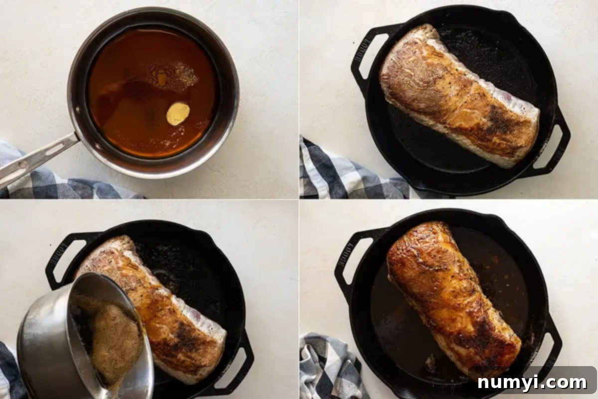 A four-panel image showing the step-by-step process of making the maple glazed pork: preparing the glaze, seasoning and searing the pork, basting with glaze, and roasting in the oven.
