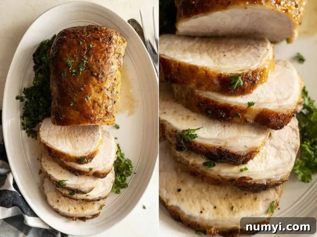 Two pictures showing the maple glazed pork roast beautifully sliced on a plate, ready to be served. One picture is a close-up highlighting the tender, juicy meat.