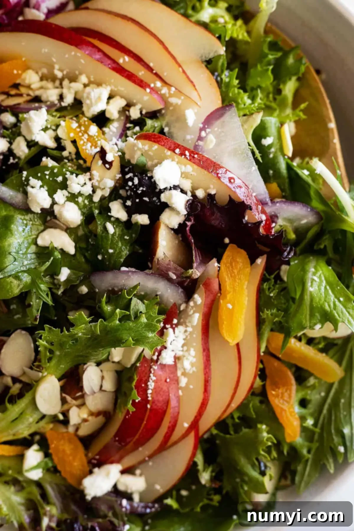 Close up of pear salad with dried apricots, feta, and sliced almonds, highlighting its fresh ingredients and inviting textures.