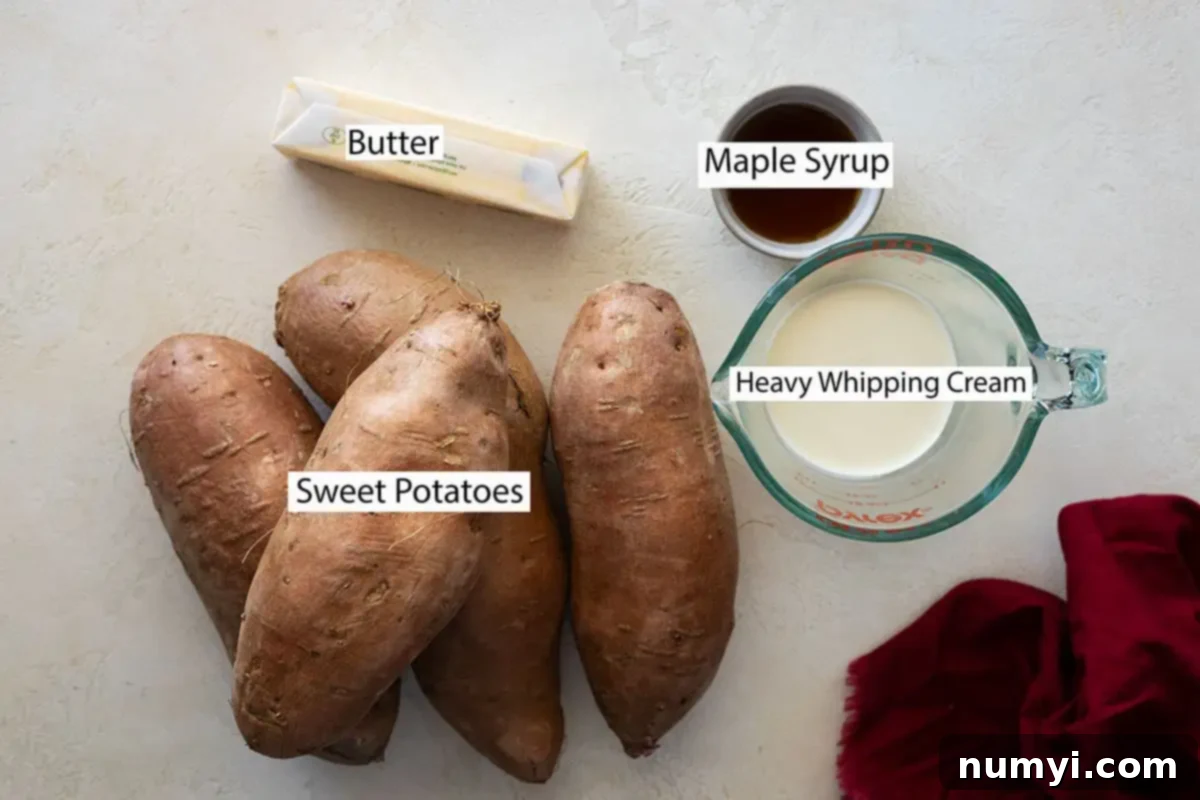 Velvety Sweet Potato Mash 3 Ingredients: sweet potatoes, butter, maple syrup, and cream.