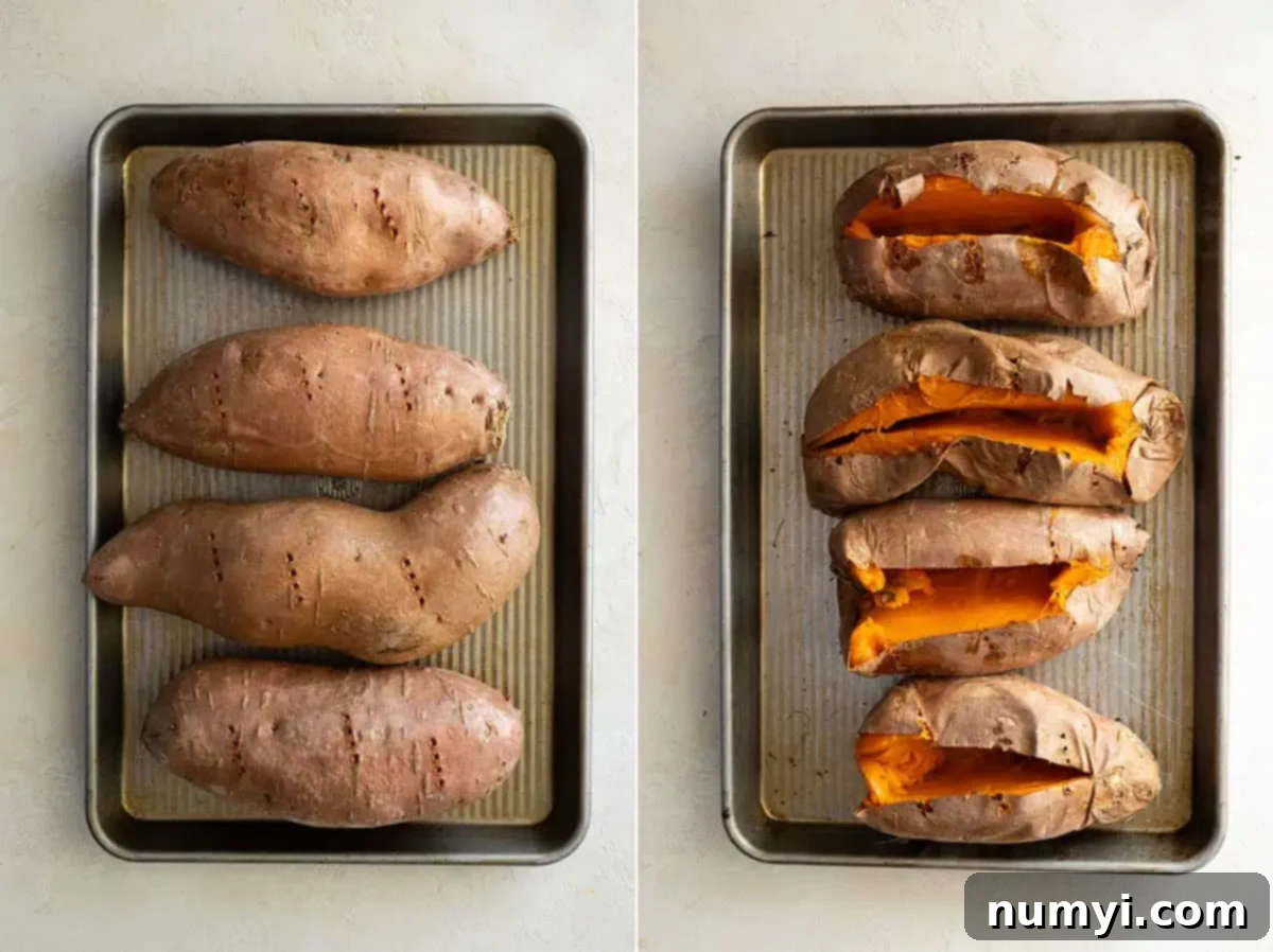 Velvety Sweet Potato Mash 4 Two pictures showing the sweet potatoes pierced and ready for the oven and the other showing them split open letting out some of the steam after baking.