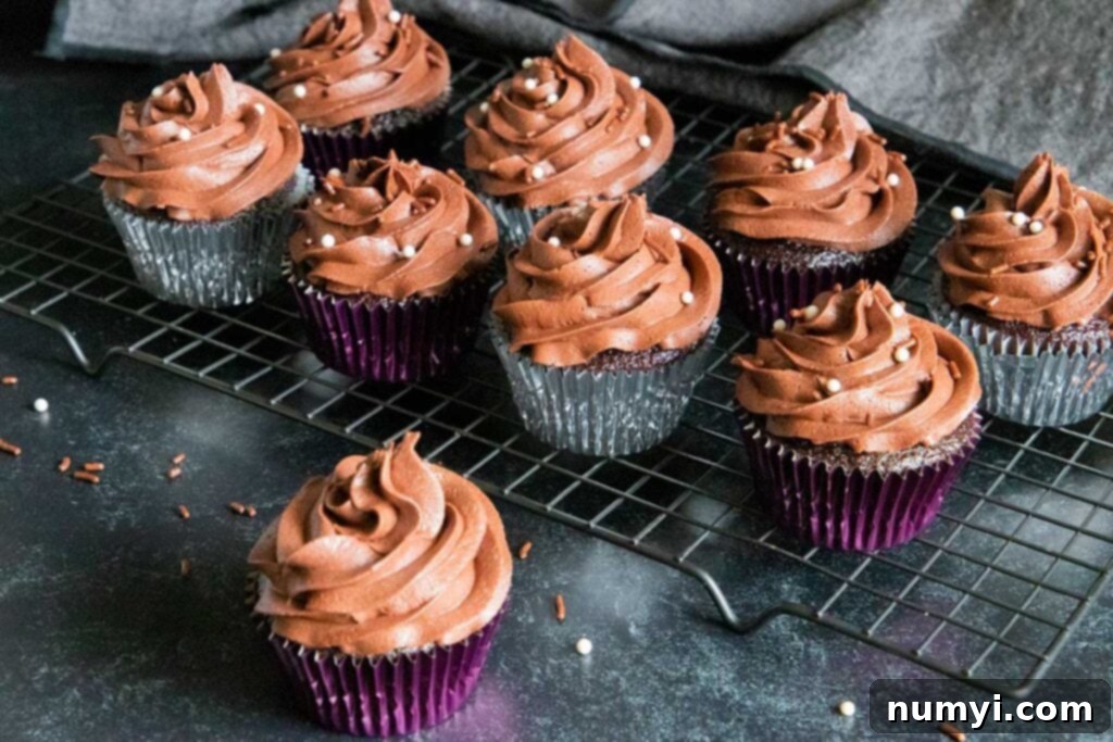 Two beautifully decorated chocolate cupcakes, one topped with sprinkles, resting on a rustic wooden surface.
