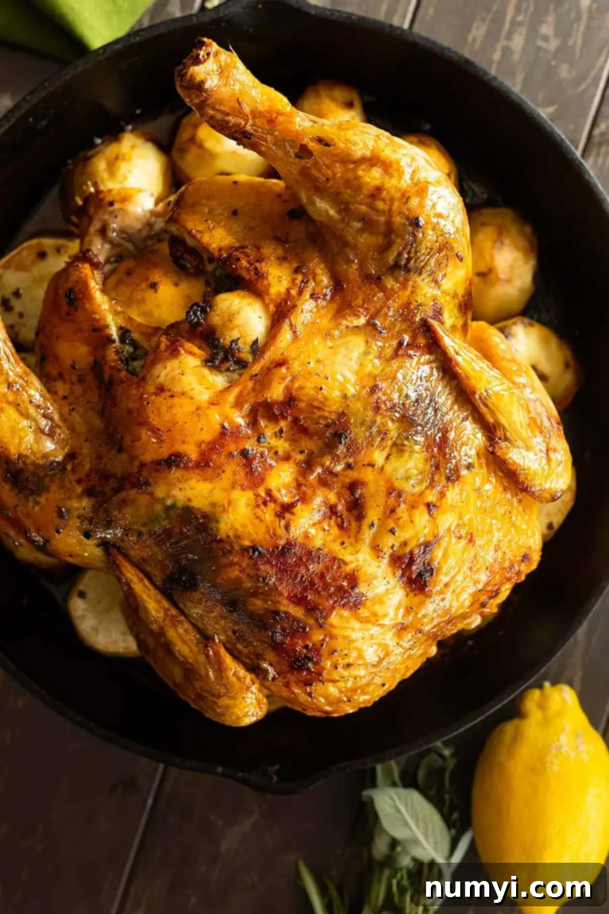 Overhead view of roasted chicken fresh from the oven. Lemon and fresh herbs off to the side.