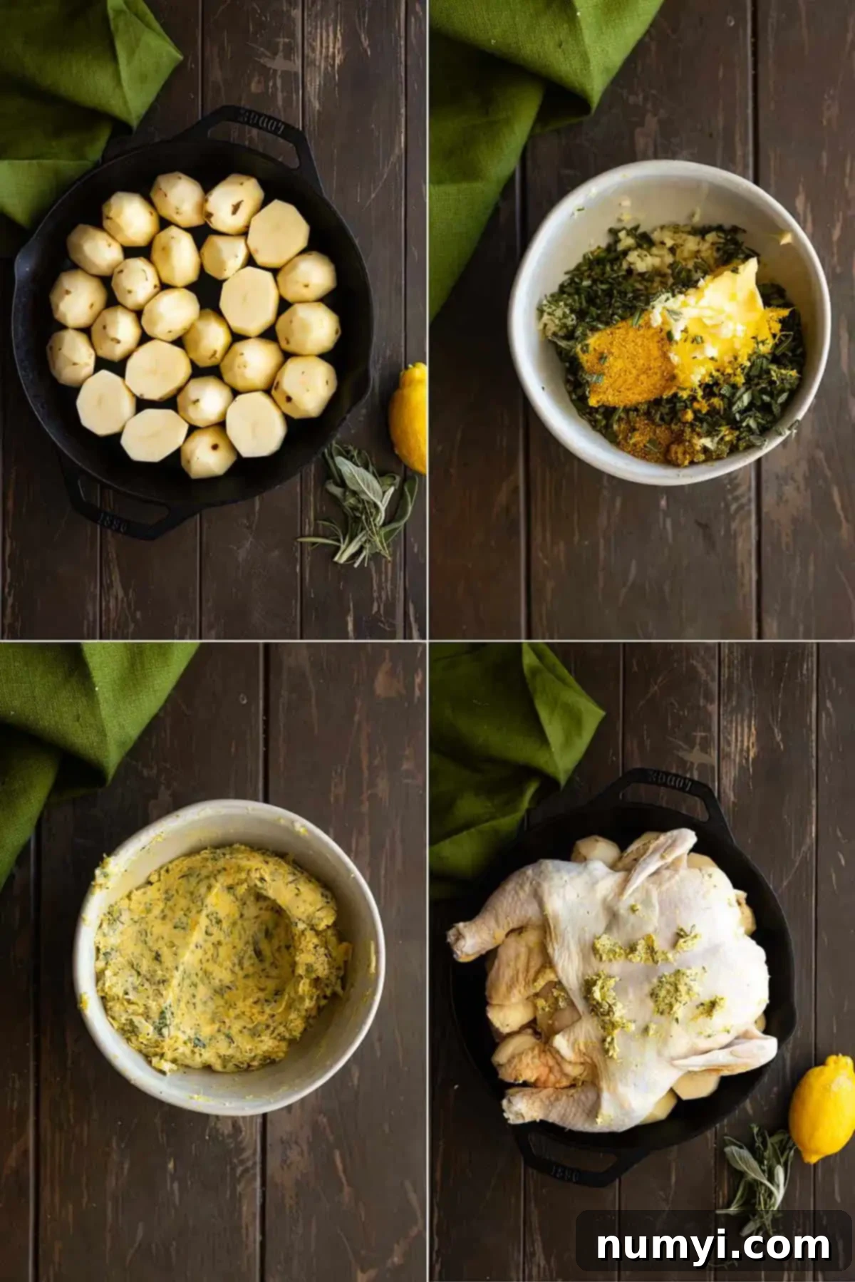 Four pictures showing how to make the chicken. First potatoes in the pan, mix the butter with seasonings, then apply to the bird. 