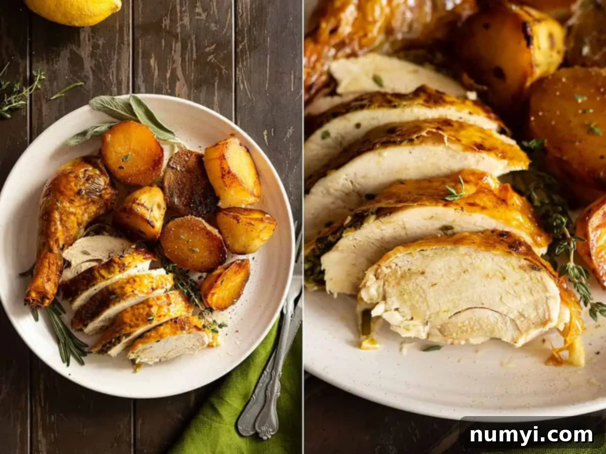 Two pictures side by side. One overhead picture showing a cream plate with chicken pieces and potatoes. Garnished with fresh herbs. Second picture showing slices of chicken breast. 
