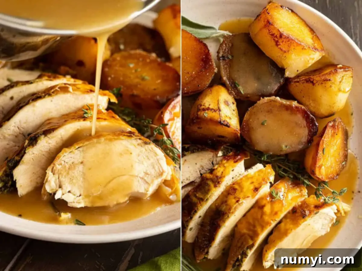 Two pictures: one showing gravy being poured over the chicken and the second an overhead picture showing the chicken and potatoes with gravy. 