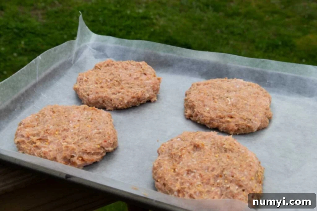 Four uncooked turkey burgers meticulously formed and resting on a parchment-lined baking sheet, ready for refrigeration.