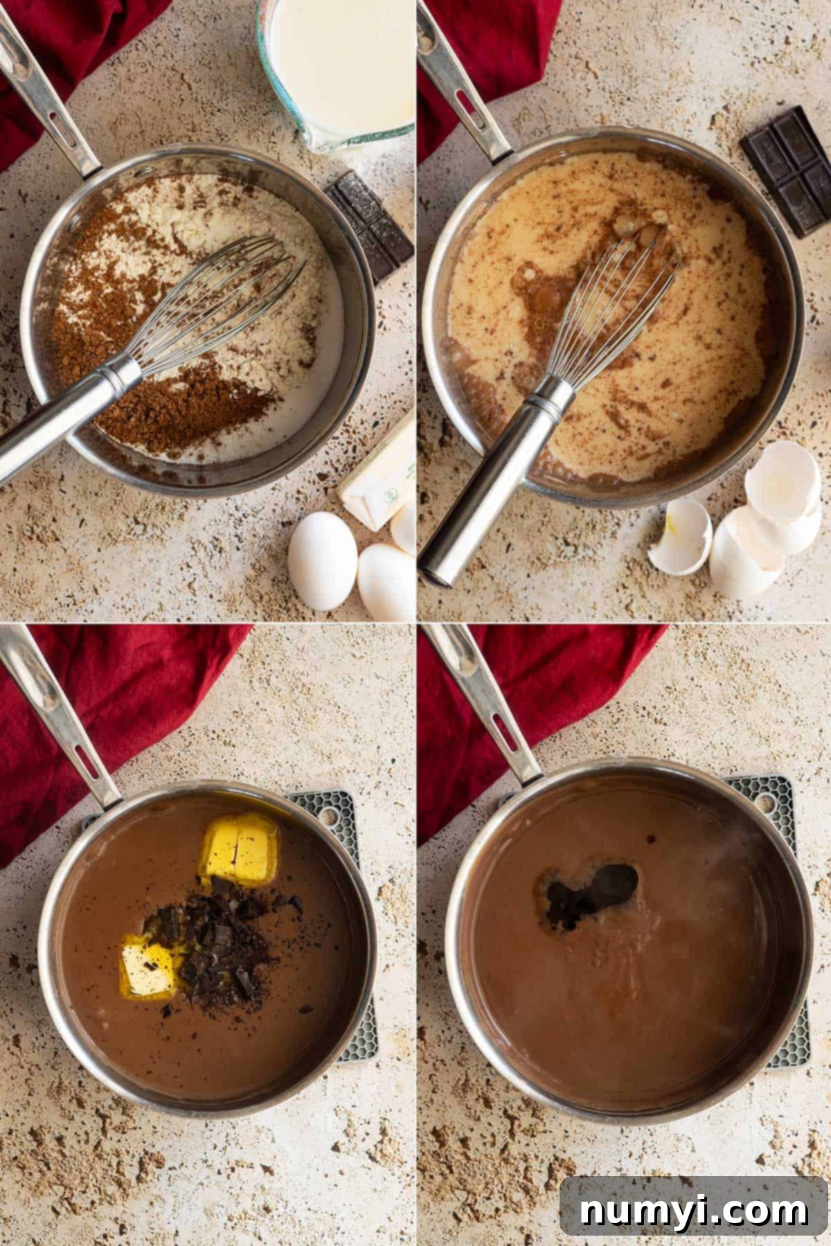 Deep Chocolate Delight 4 Four pictures showing how to make dark chocolate pudding.