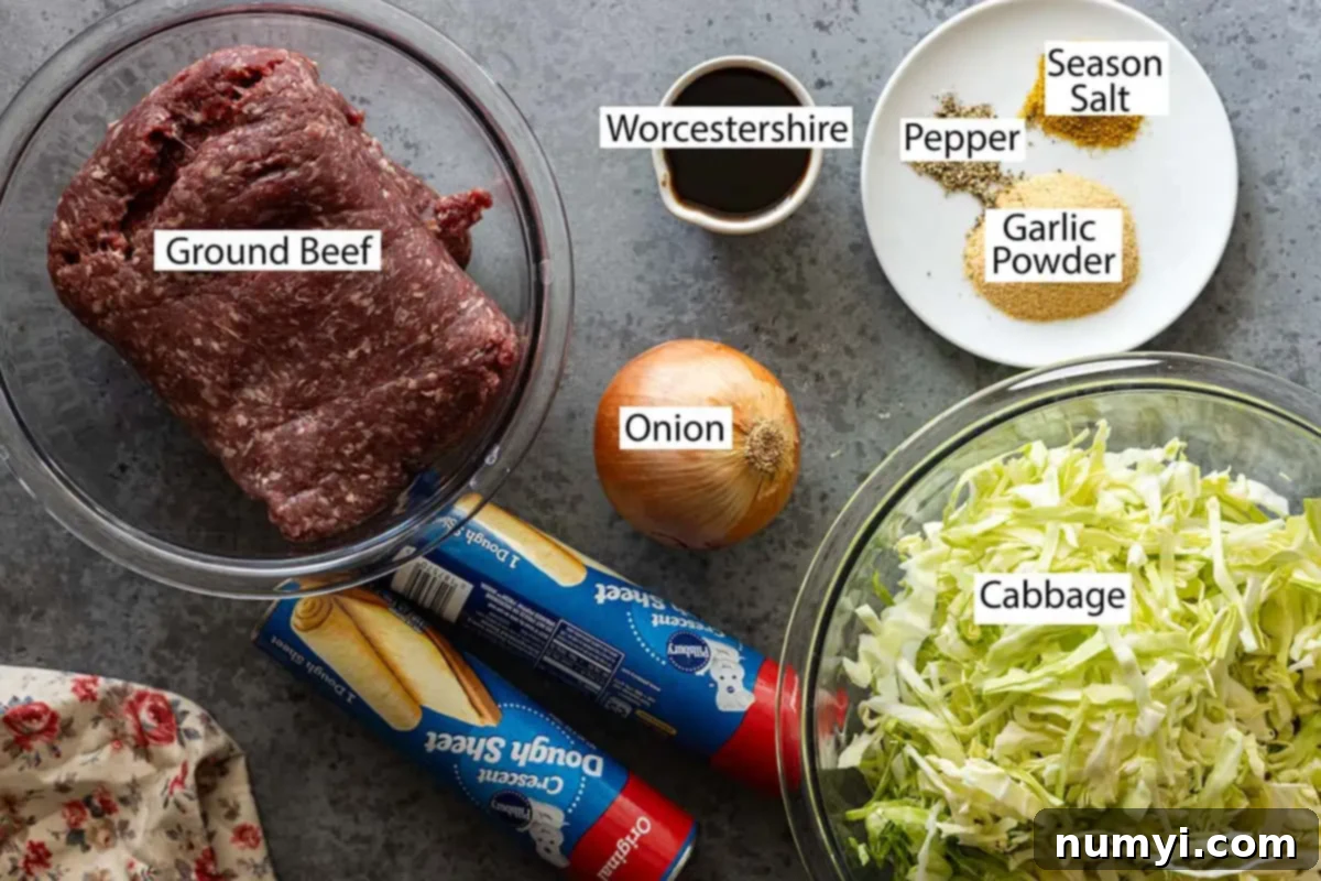 Hearty Runza Casserole 3 Ingredients: ground beef, Worcestershire, pepper, onion, season salt, garlic powder, cabbage, and crescent dough.