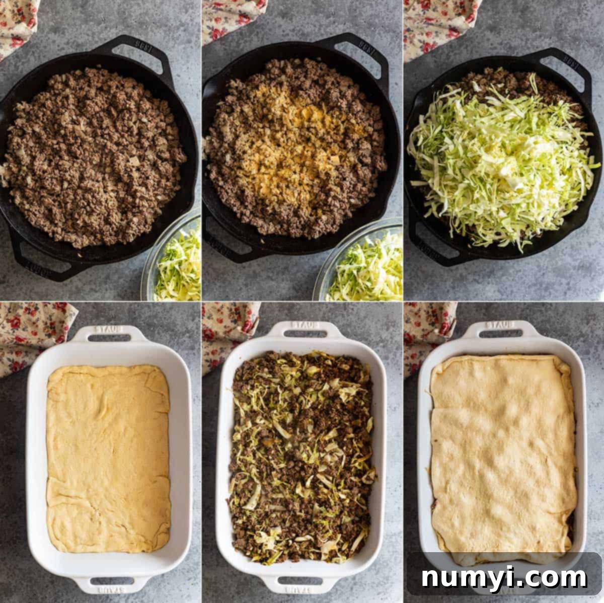 Hearty Runza Casserole 4 Six pictures showing how to make the casserole. Browning the beef with onion, adding the seasonings, adding the cabbage, placing dough in a baking pan, adding filling, and topping with dough.