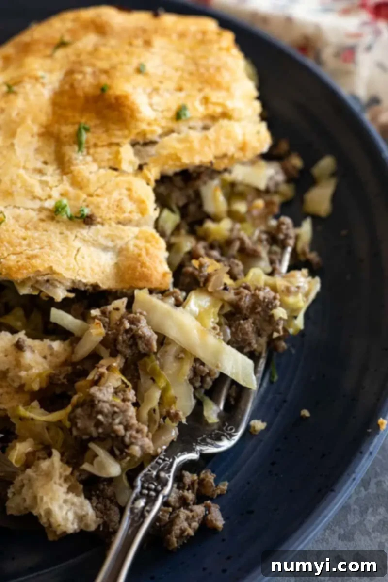 Hearty Runza Casserole 7 Close up of a slice of runza casserole and it's filling.