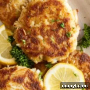 Simply Perfect Crab Cakes 7 Close up of cakes on a plate garnished with fresh lemon and parsley.