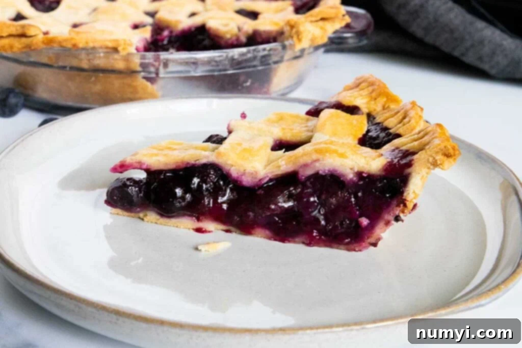 A mouth-watering slice of blueberry pie on a white plate, showcasing the vibrant berry filling and golden lattice crust.