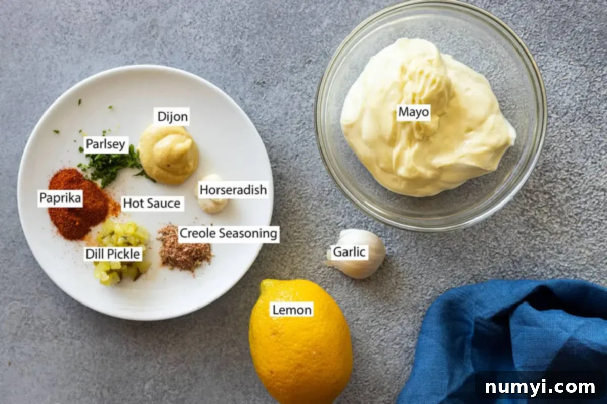 Ingredients: mayo, garlic, lemon, parsley,  Dijon, horseradish, hot sauce, Creole seasoning, paprika, dill pickle. 