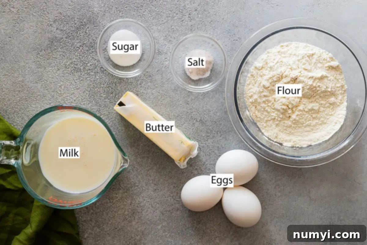 Ingredients: flour, eggs, milk, sugar, and salt. Butter for the pan. 