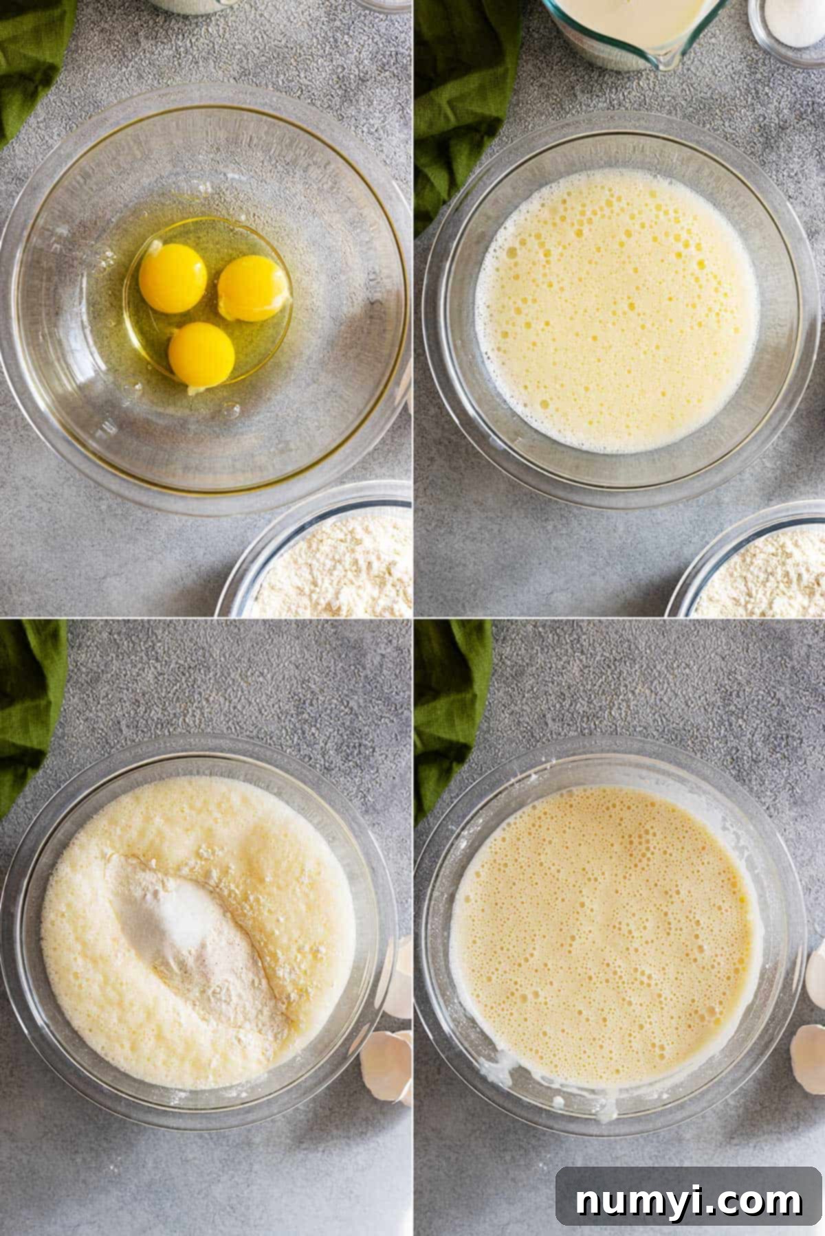 Four pictures showing how to mix up the batter and what it should look like when finished. Thinner than American pancake batter but not quite as thin as crepe batter. 