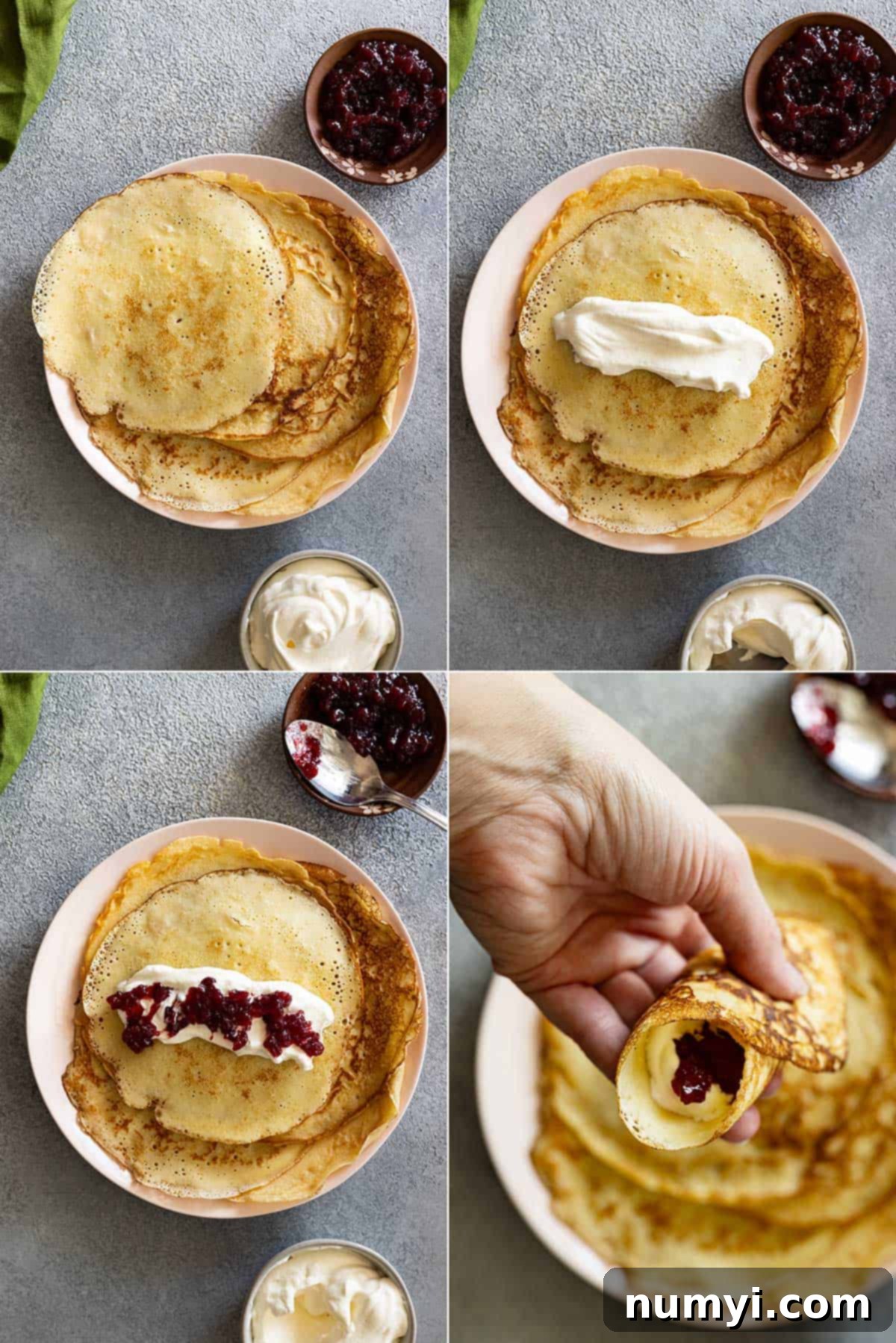 Four pictures showing a plate of pancakes fresh of the griddle, whipped cream down the center, lingonberries down the center, and a hand holding one rolled up. 