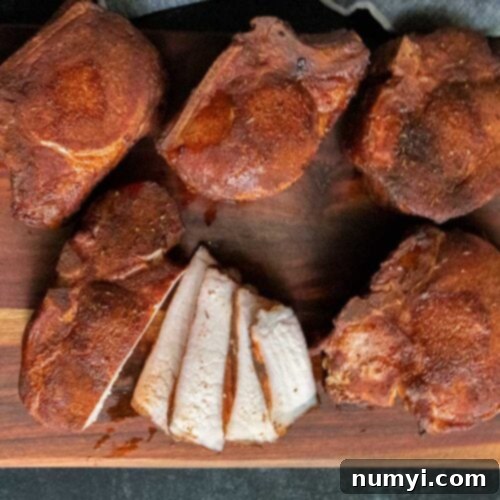 Smoked Porterhouse Pork Chops 11 Double bone in pork chops sliced on a cutting board.