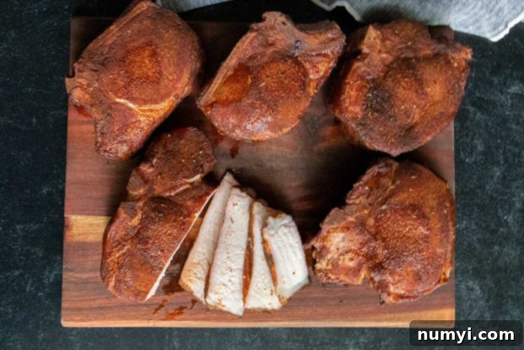 Smoked Porterhouse Pork Chops 10 Plated double bone-in smoked pork chops, with some slices visible, on a cutting board, ready to be enjoyed.