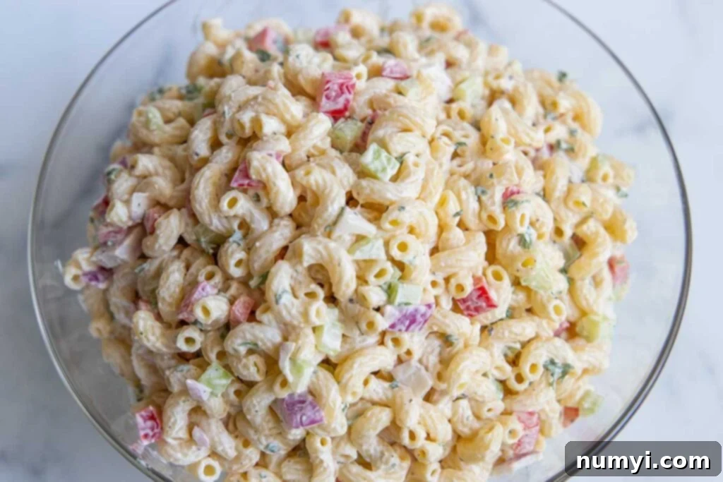 Creamy Dream Macaroni Salad 3 macaroni salad in a glass bowl