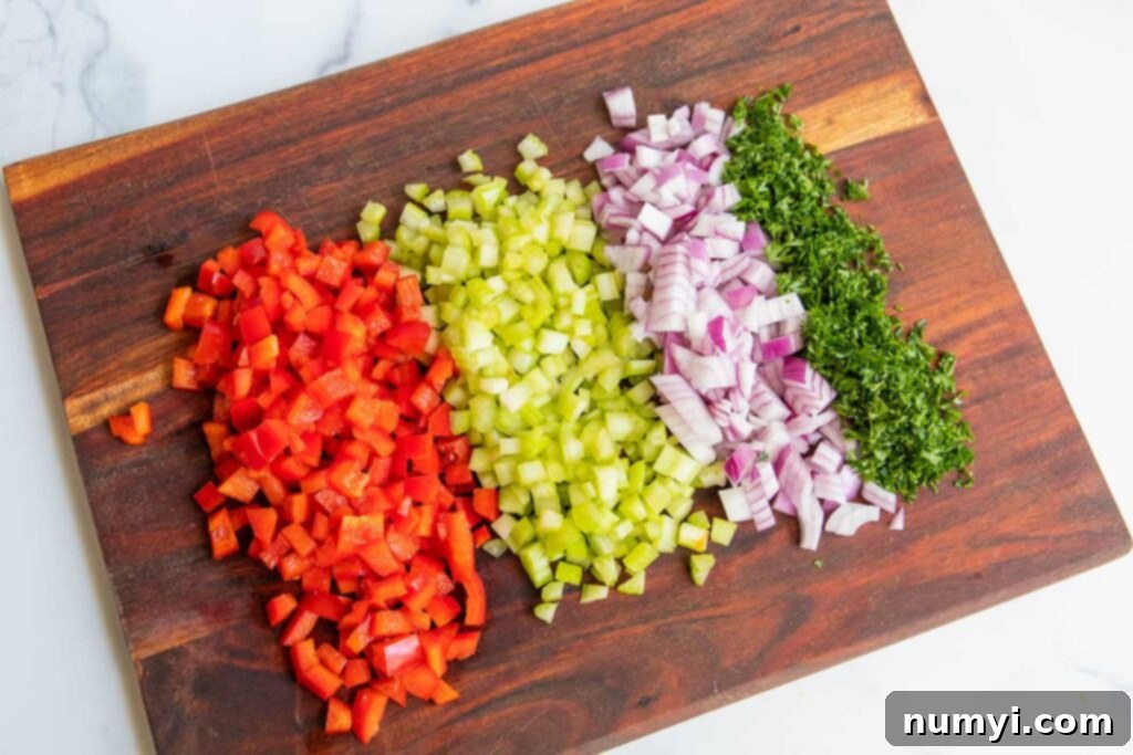 Creamy Dream Macaroni Salad 5 diced red bell pepper, diced cerlery, diced red onion and minced parsley