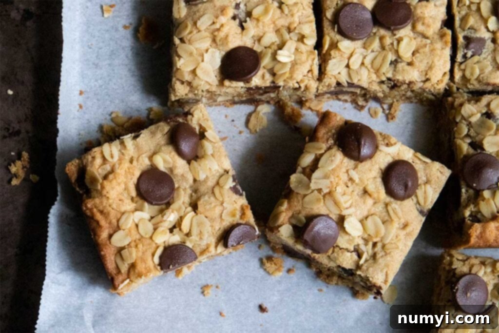 Freshly baked oatmeal chocolate chip bars cooling on parchment paper, ready to be cut and served.