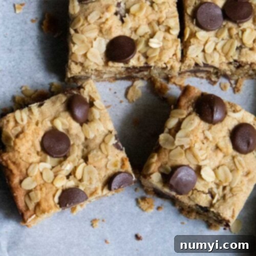 Oatmeal chocolate chip bars on parchment paper.