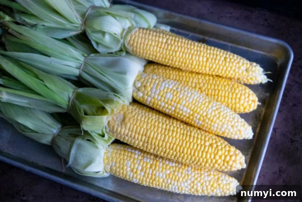 Fire-Roasted Sweet Corn 4 raw corn on the cob wit the husks tied back on a cooking tray