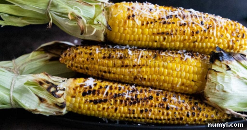 Fire-Roasted Sweet Corn 5 Grilled corn on the cob, topped with shredded parmesan cheese on a black plate.