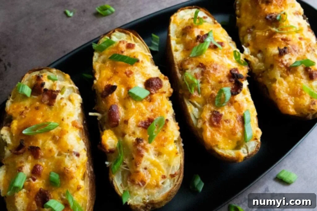 Twice baked potatoes on an oval black platter garnished with diced green onions.