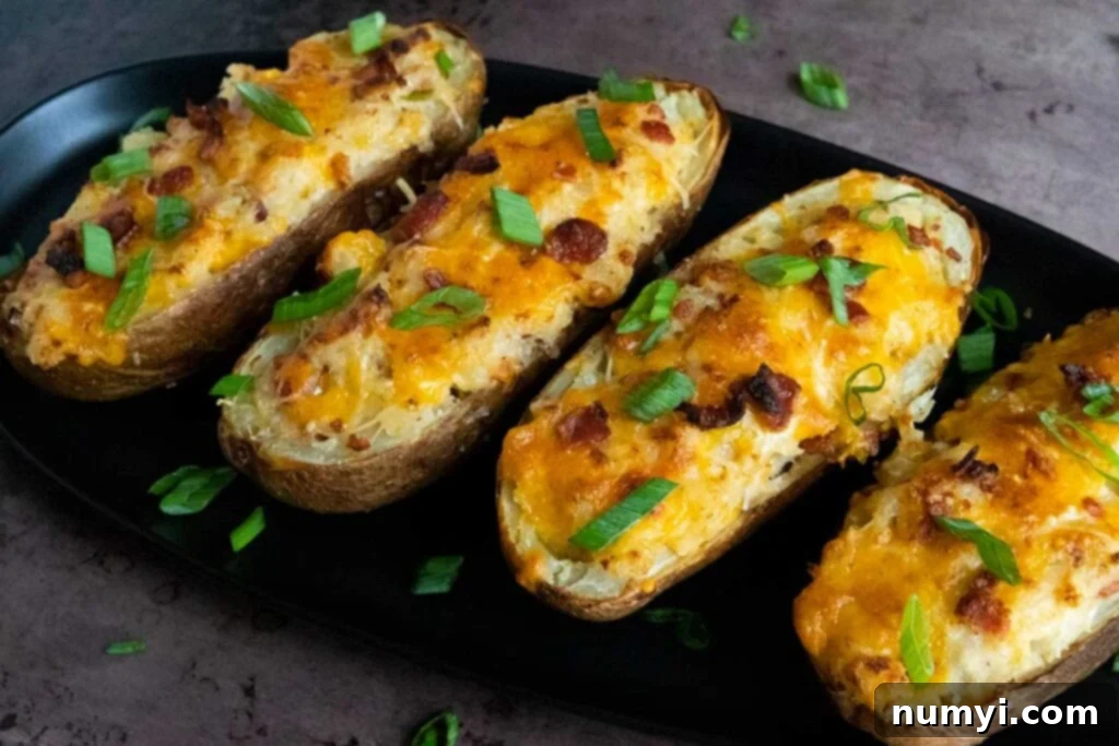 Twice baked potatoes on a black serving platter