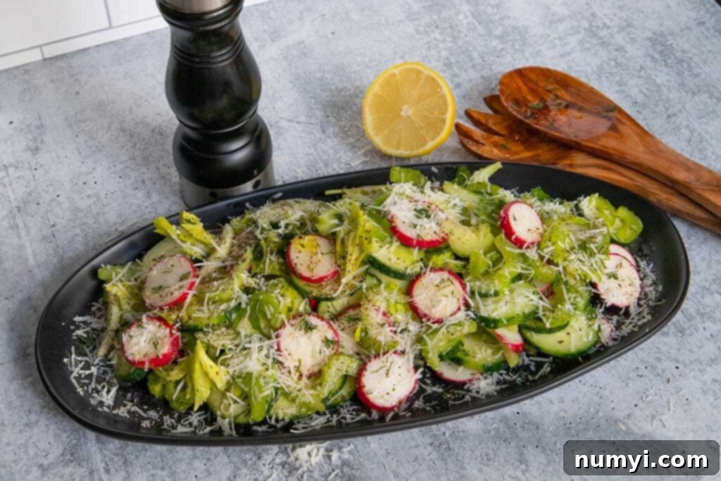 cucumber radish salad on a black platter