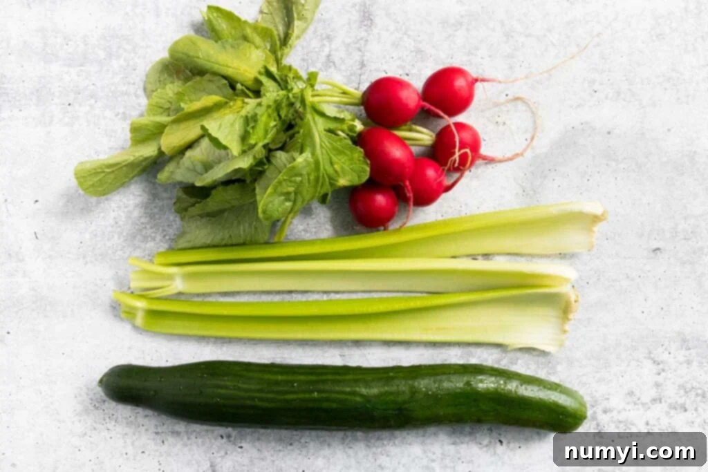 fresh cucumber, radishes, and celery