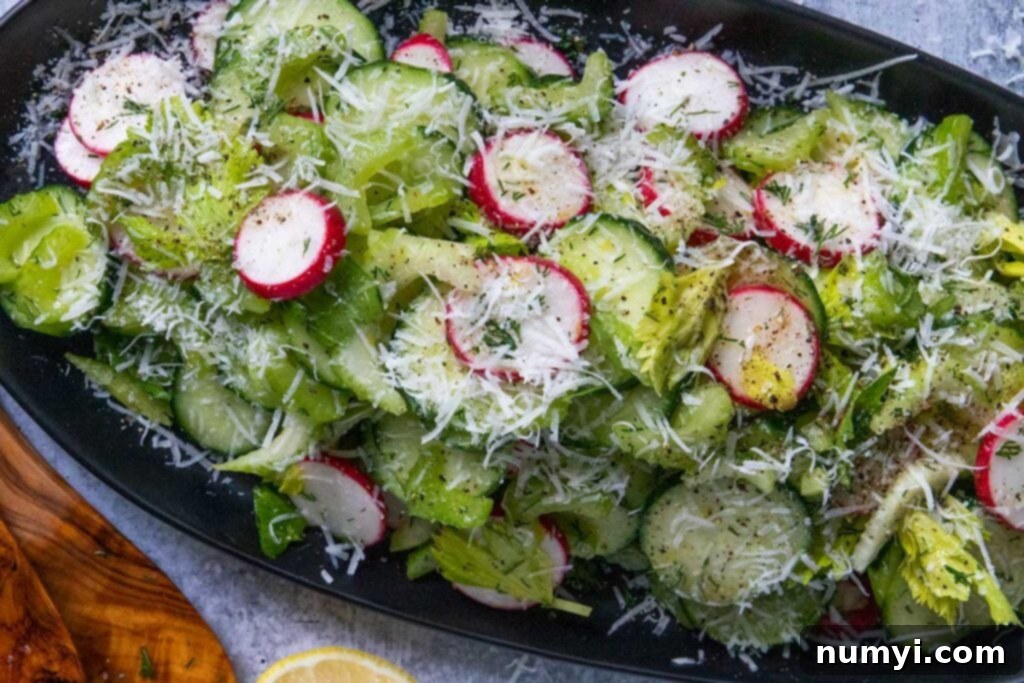cucumber radish salad on a black platter