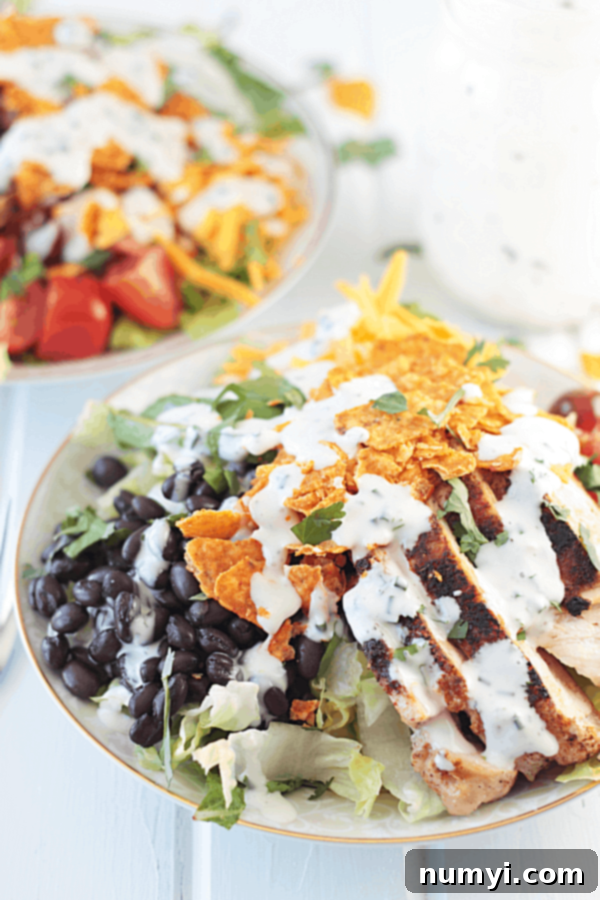Creamy Ranch Chicken Taco Salad 4 Two vibrant bowls of chicken taco salad, richly topped with chicken, creamy homemade ranch, and fresh herbs.