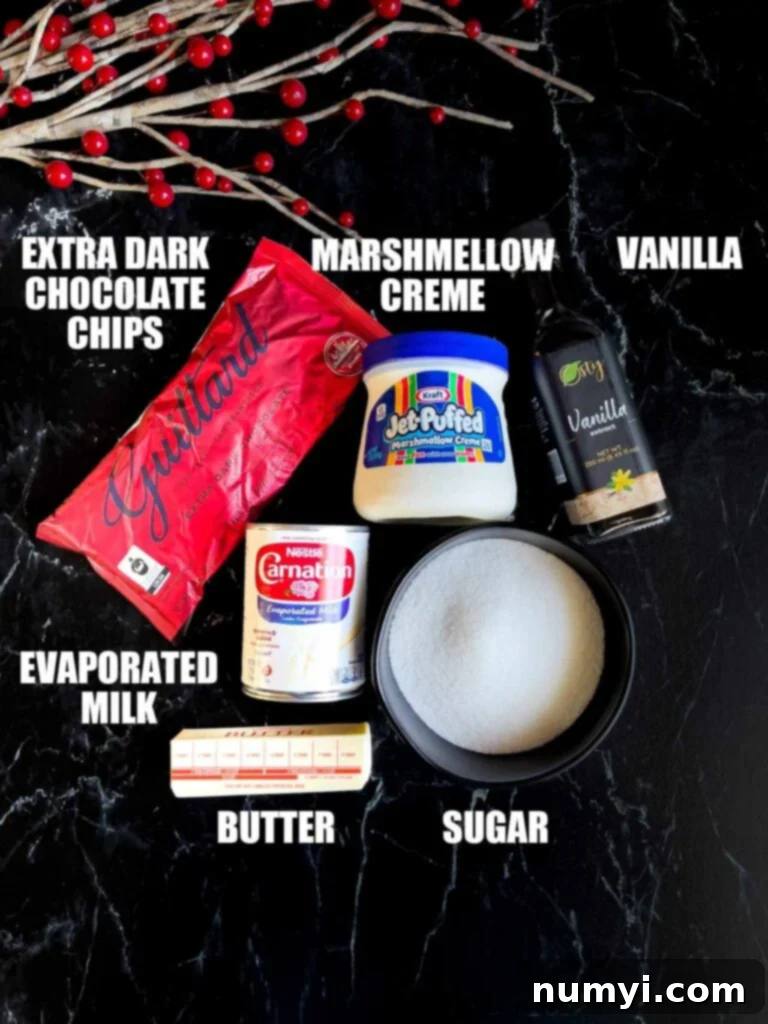 Various dark chocolate fudge ingredients on a dark surface, including chocolate chips, butter, sugar, marshmallow creme, evaporated milk, and vanilla extract.