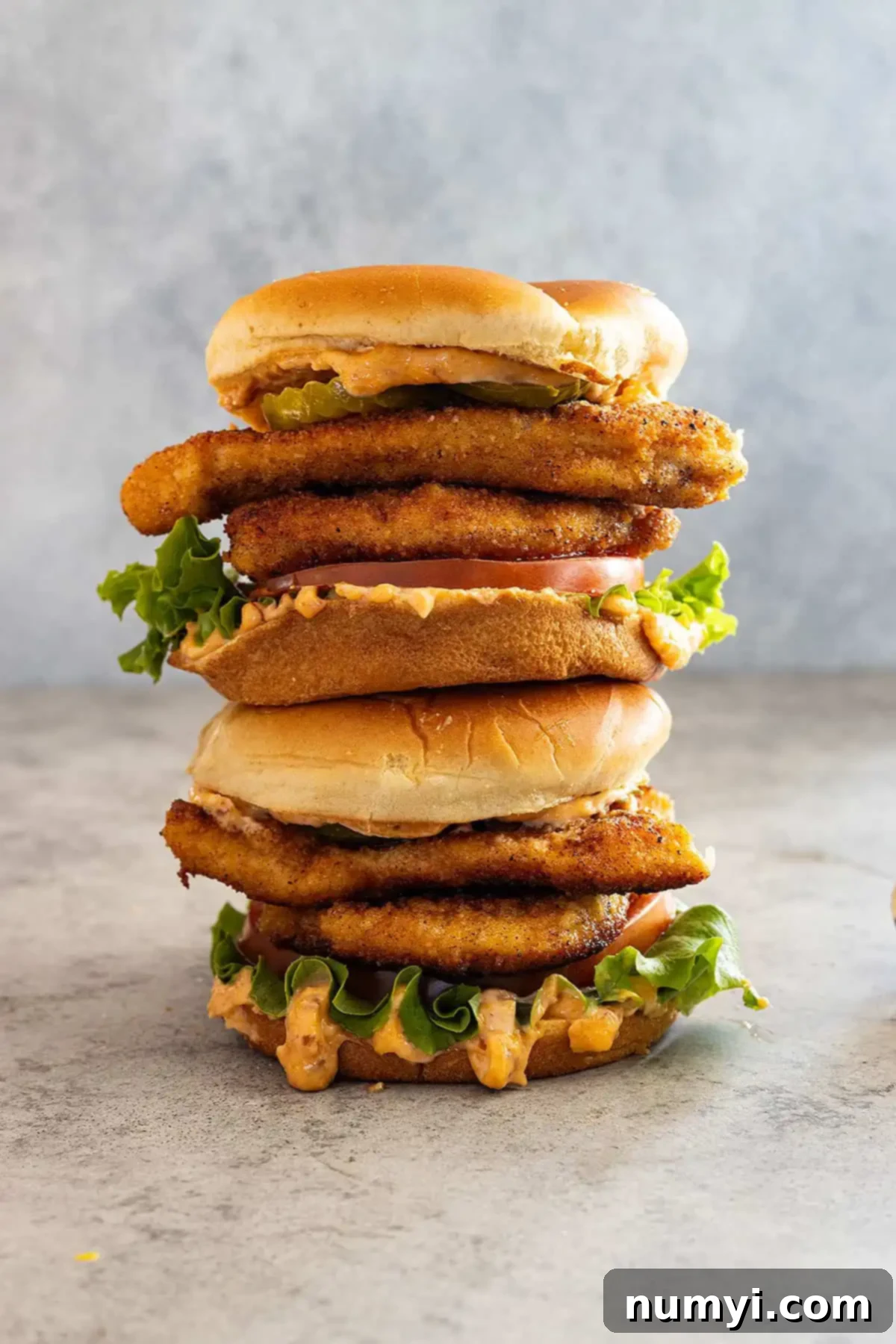 Two crispy chicken sandwiches stacked on top of each other, showcasing their golden-brown chicken, fresh lettuce, and vibrant tomatoes.