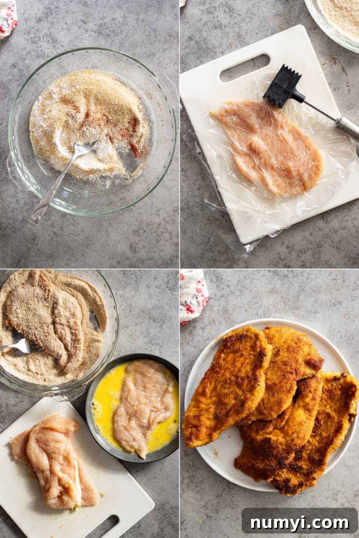 Four sequential process photos illustrating how to make the crispy chicken sandwich: mixing the seasoned flour, pounding the chicken breasts thin, coating the chicken evenly with breading, and the final image of perfectly cooked golden-brown chicken pieces.