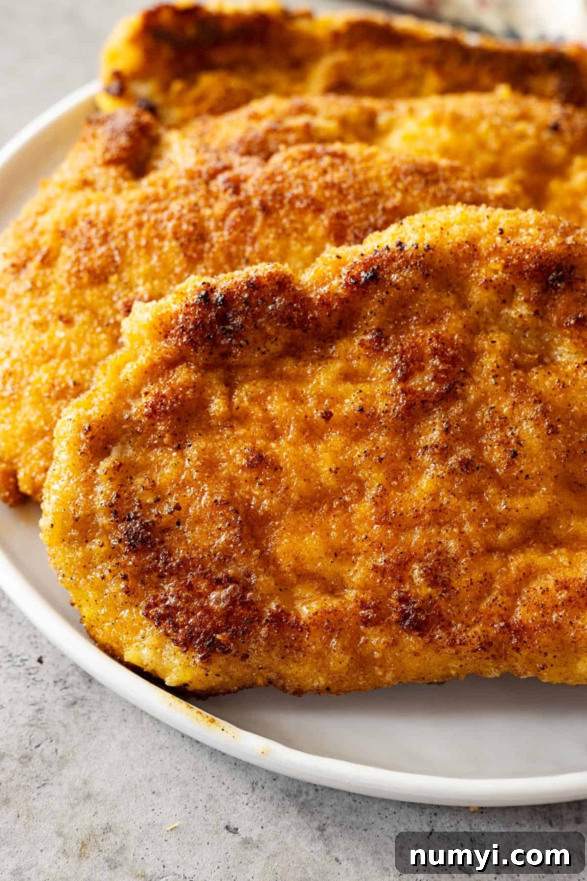 A close-up view of beautifully golden-brown fried chicken pieces, showcasing their crispy texture and delicious seasoning.